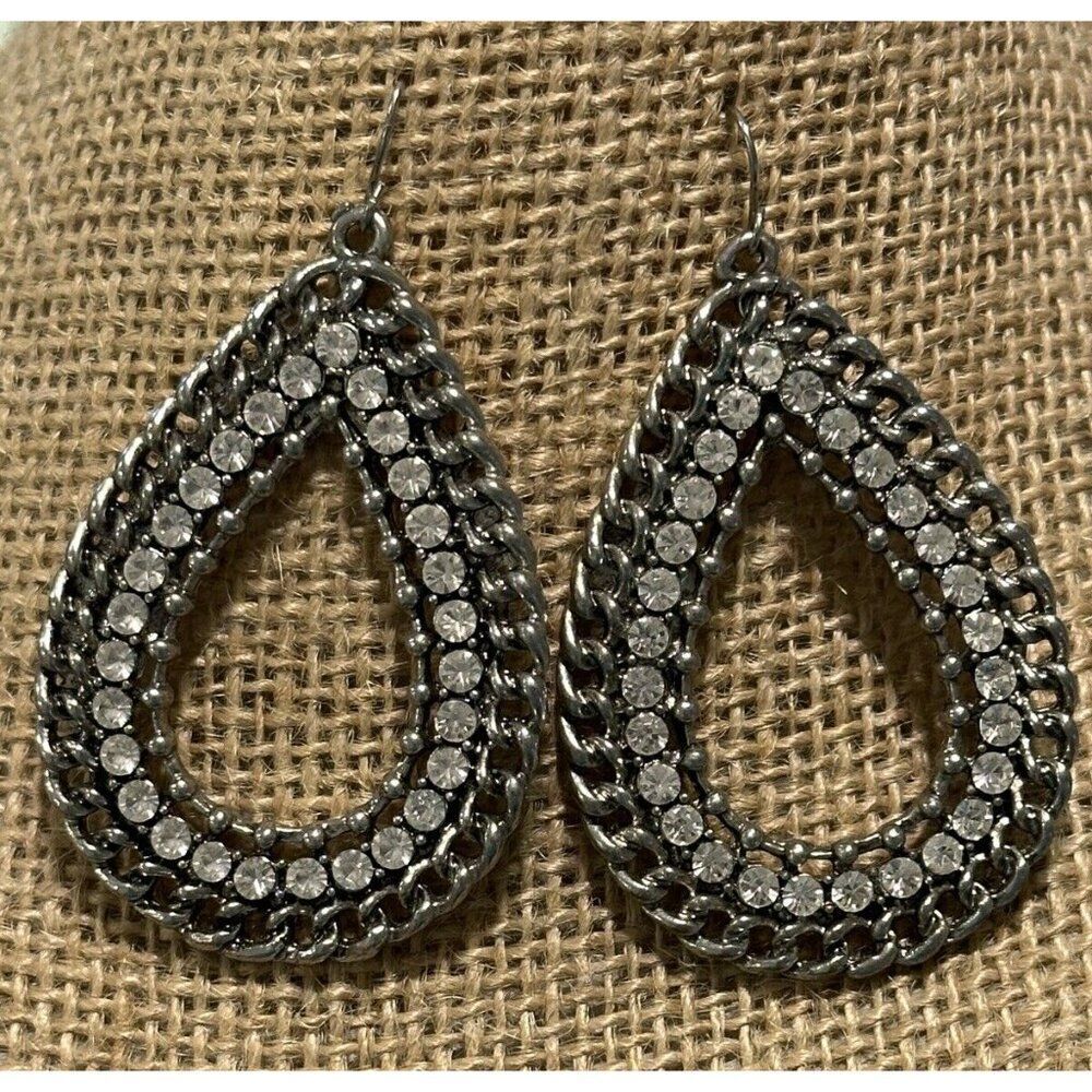 Teardrop Metal Rhinestone Hook Pierced Earrings Statement Brutalist Chain